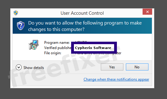 Screenshot where Cypherix Software appears as the verified publisher in the UAC dialog